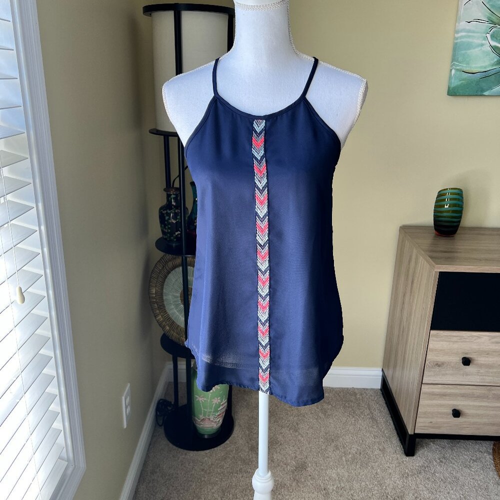 Navy Embroidered Tank Top Sleeveless Halter Blue Pink Silver Gray